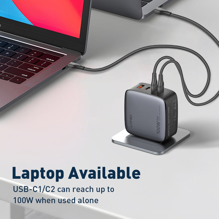 Chargeur LDNIO Q408 100W GaN USB+3 interfaces USB-C / Type-C avec câble de données USB-C / Type-C 100W vers USB-C / Type-C 1m, prise EU, prise UK, prise US