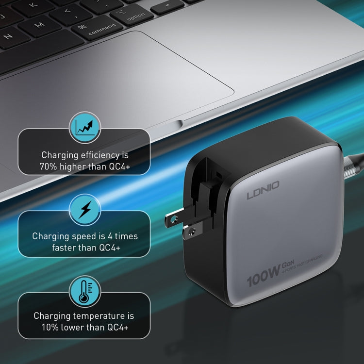 Chargeur LDNIO Q408 100W GaN USB+3 interfaces USB-C / Type-C avec câble de données USB-C / Type-C 100W vers USB-C / Type-C 1m, prise EU, prise UK, prise US