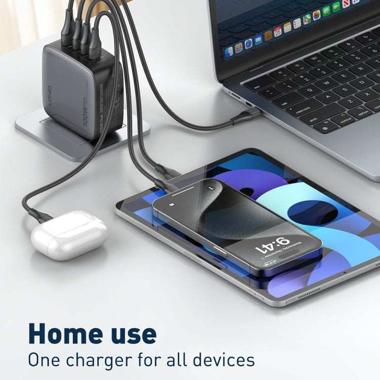 Chargeur LDNIO Q408 100W GaN USB+3 interfaces USB-C / Type-C avec câble de données USB-C / Type-C 100W vers USB-C / Type-C 1m, prise EU, prise UK, prise US