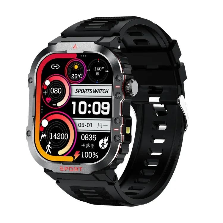 Montre connectée G45 avec écran de 2,01 pouces, bracelet en silicone, étanche jusqu'à 10 m, lampe torche, appels Bluetooth et mesure de la fréquence cardiaque.