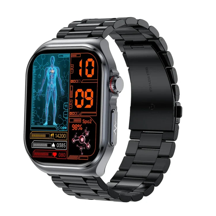 Montre connectée ET585 avec bracelet en acier de 2,04 pouces, étanche IP68, compatible avec la mesure de l'ECG et de la composition sanguine.