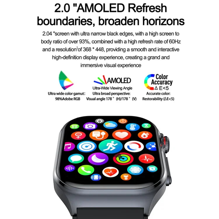 Montre connectée ET585 avec bracelet en acier de 2,04 pouces, étanche IP68, compatible avec la mesure de l'ECG et de la composition sanguine.