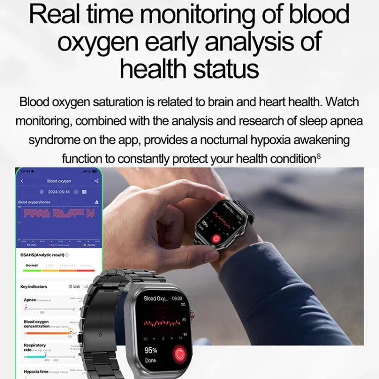 Montre connectée ET585 avec bracelet en acier de 2,04 pouces, étanche IP68, compatible avec la mesure de l'ECG et de la composition sanguine.