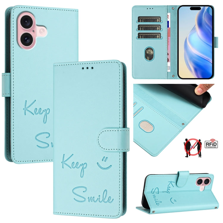 Étui de téléphone en cuir RFID avec gaufrage sourire, Pour iPhone 16, Pour iPhone 15 Pro Max, Pour iPhone 15 Pro, Pour iPhone 15 Plus, Pour iPhone 15, Pour iPhone 14 Plus, Pour iPhone 14 / 13, Pour iPhone 14 Pro