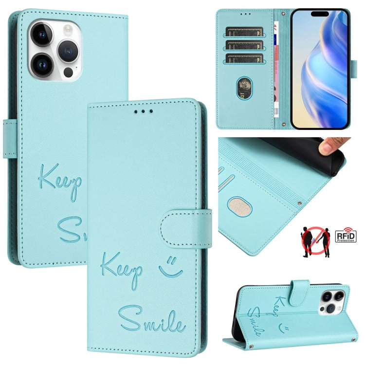 Étui de téléphone en cuir RFID avec gaufrage sourire, Pour iPhone 16, Pour iPhone 15 Pro Max, Pour iPhone 15 Pro, Pour iPhone 15 Plus, Pour iPhone 15, Pour iPhone 14 Plus, Pour iPhone 14 / 13, Pour iPhone 14 Pro