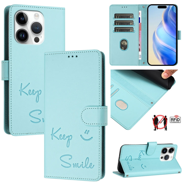 Étui de téléphone en cuir RFID avec gaufrage sourire, Pour iPhone 16, Pour iPhone 15 Pro Max, Pour iPhone 15 Pro, Pour iPhone 15 Plus, Pour iPhone 15, Pour iPhone 14 Plus, Pour iPhone 14 / 13, Pour iPhone 14 Pro