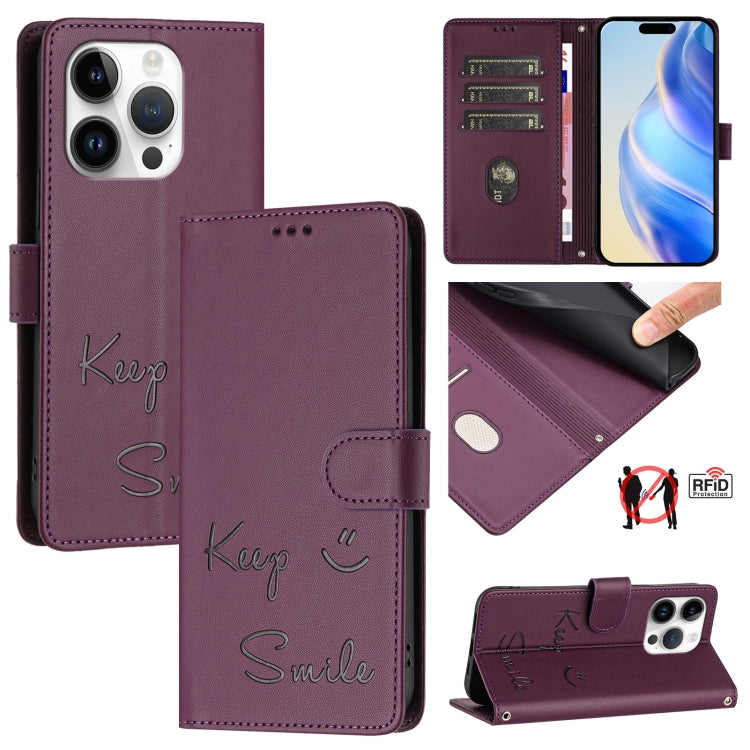 Étui de téléphone en cuir RFID avec gaufrage sourire, Pour iPhone 16, Pour iPhone 15 Pro Max, Pour iPhone 15 Pro, Pour iPhone 15 Plus, Pour iPhone 15, Pour iPhone 14 Plus, Pour iPhone 14 / 13, Pour iPhone 14 Pro