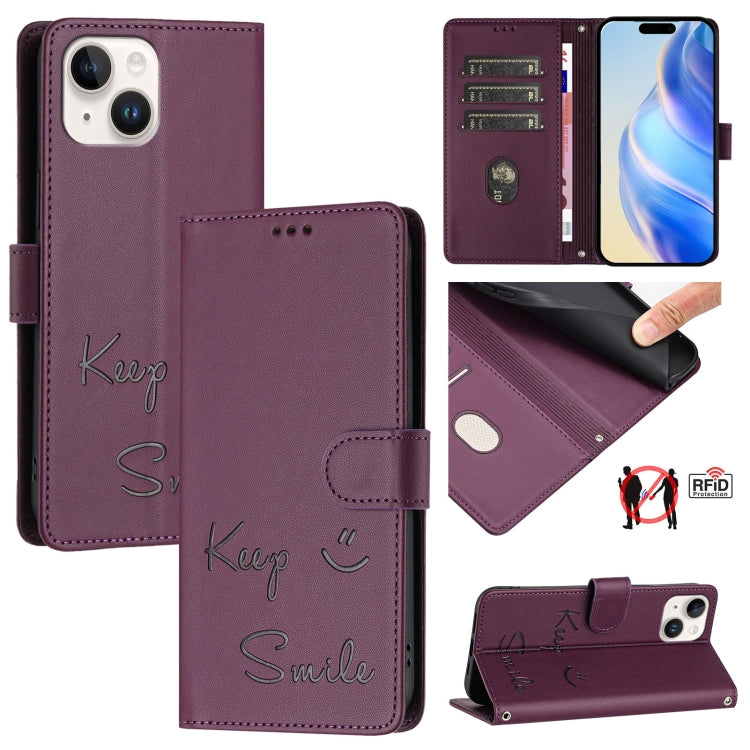 Étui de téléphone en cuir RFID avec gaufrage sourire, Pour iPhone 16, Pour iPhone 15 Pro Max, Pour iPhone 15 Pro, Pour iPhone 15 Plus, Pour iPhone 15, Pour iPhone 14 Plus, Pour iPhone 14 / 13, Pour iPhone 14 Pro