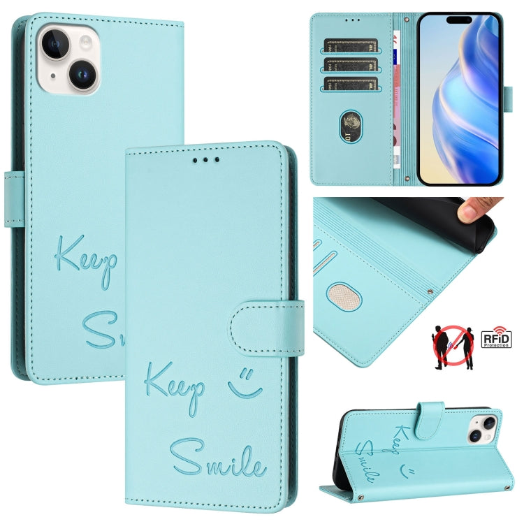 Étui de téléphone en cuir RFID avec gaufrage sourire, Pour iPhone 16, Pour iPhone 15 Pro Max, Pour iPhone 15 Pro, Pour iPhone 15 Plus, Pour iPhone 15, Pour iPhone 14 Plus, Pour iPhone 14 / 13, Pour iPhone 14 Pro