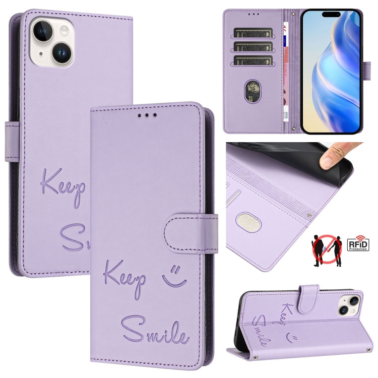 Étui de téléphone en cuir RFID avec gaufrage sourire, Pour iPhone 16, Pour iPhone 15 Pro Max, Pour iPhone 15 Pro, Pour iPhone 15 Plus, Pour iPhone 15, Pour iPhone 14 Plus, Pour iPhone 14 / 13, Pour iPhone 14 Pro