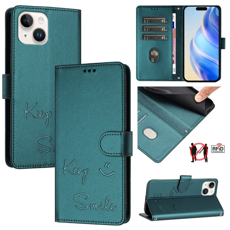 Étui de téléphone en cuir RFID avec gaufrage sourire, Pour iPhone 16, Pour iPhone 15 Pro Max, Pour iPhone 15 Pro, Pour iPhone 15 Plus, Pour iPhone 15, Pour iPhone 14 Plus, Pour iPhone 14 / 13, Pour iPhone 14 Pro