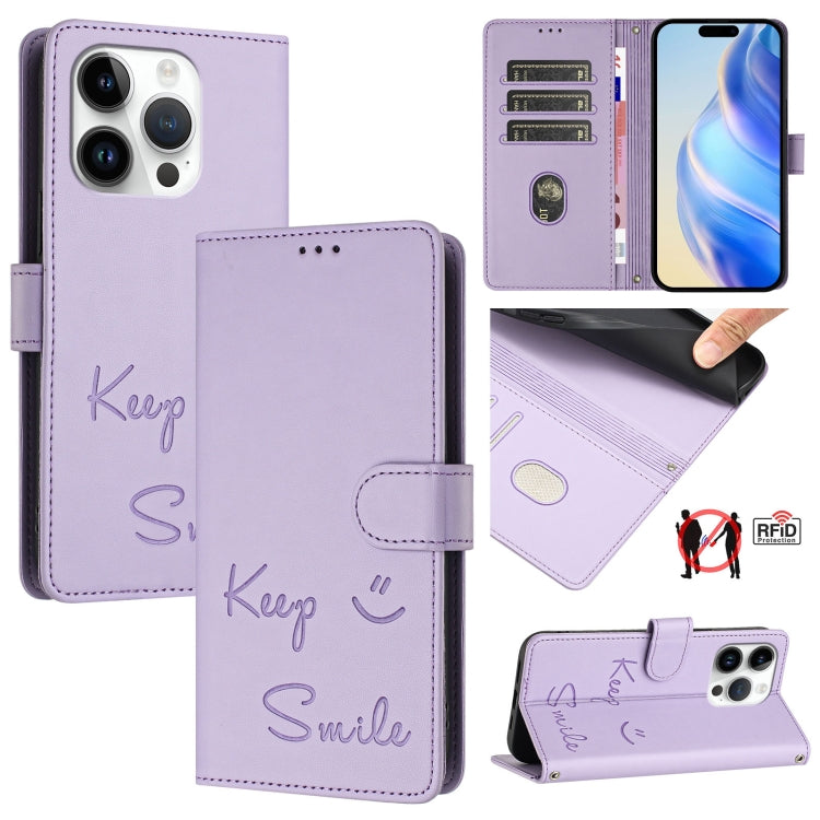 Étui de téléphone en cuir RFID avec gaufrage sourire, Pour iPhone 16, Pour iPhone 15 Pro Max, Pour iPhone 15 Pro, Pour iPhone 15 Plus, Pour iPhone 15, Pour iPhone 14 Plus, Pour iPhone 14 / 13, Pour iPhone 14 Pro