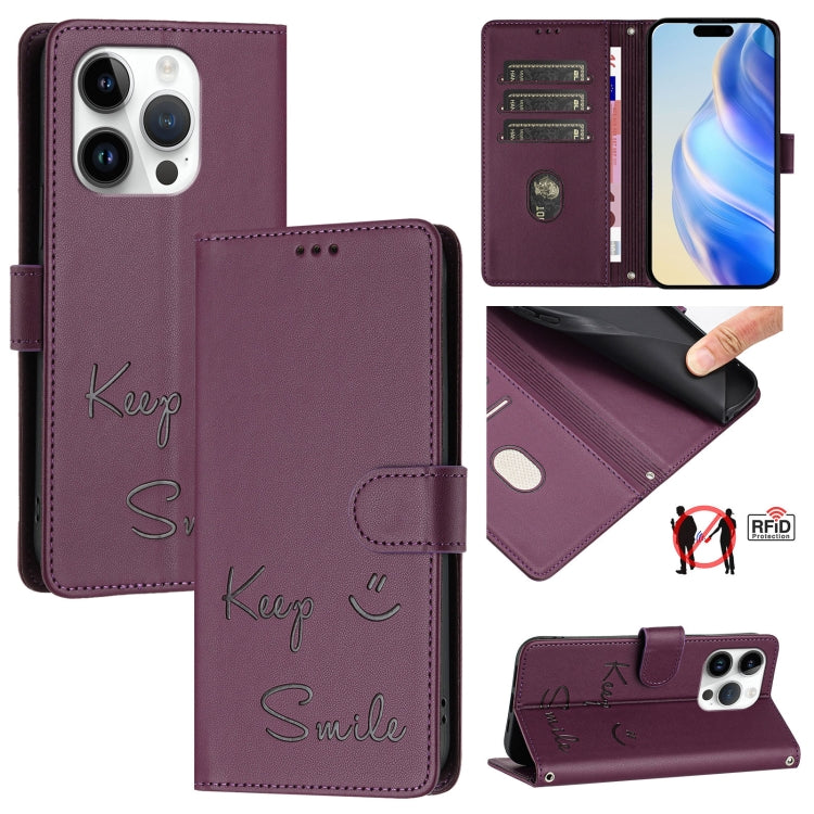 Étui de téléphone en cuir RFID avec gaufrage sourire, Pour iPhone 16, Pour iPhone 15 Pro Max, Pour iPhone 15 Pro, Pour iPhone 15 Plus, Pour iPhone 15, Pour iPhone 14 Plus, Pour iPhone 14 / 13, Pour iPhone 14 Pro