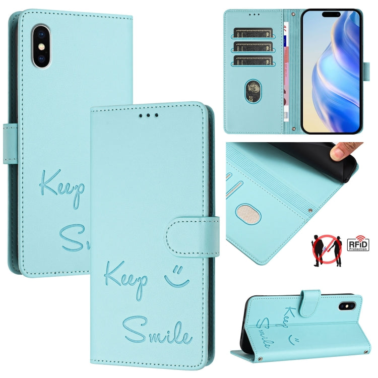 Coque de téléphone en cuir RFID embossée Smile, pour iPhone 11 Pro Max, iPhone 11, iPhone 11 Pro, iPod Touch 7 / 6 / 5, iPhone X / XS, iPhone XR, iPhone XS Max, iPhone 8 Plus / 7 Plus