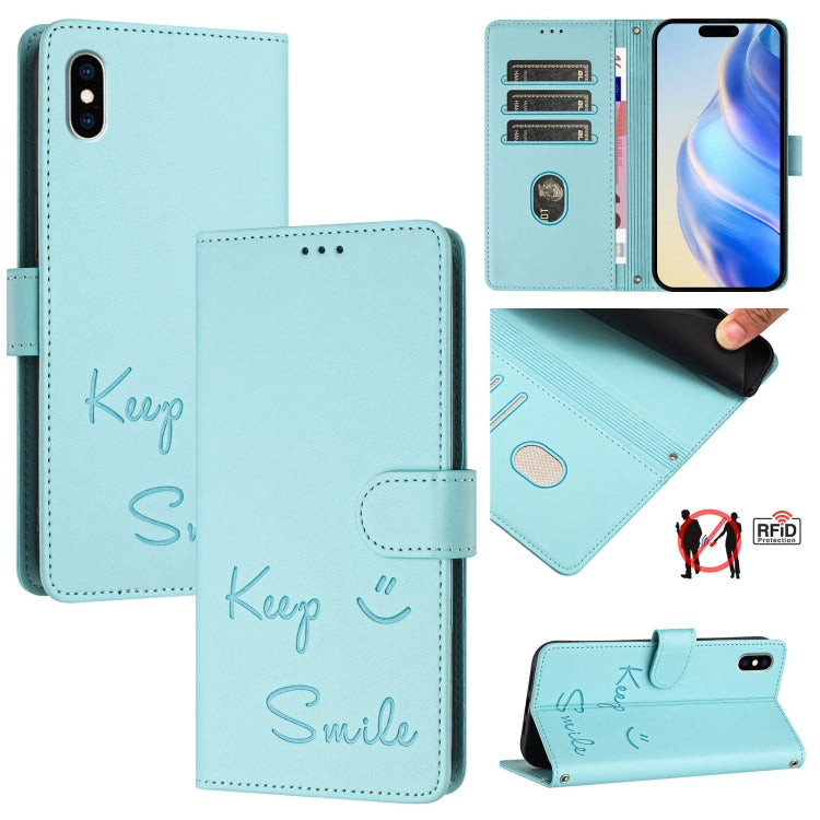 Coque de téléphone en cuir RFID embossée Smile, pour iPhone 11 Pro Max, iPhone 11, iPhone 11 Pro, iPod Touch 7 / 6 / 5, iPhone X / XS, iPhone XR, iPhone XS Max, iPhone 8 Plus / 7 Plus