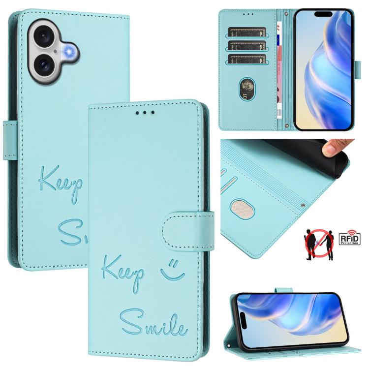 Étui de téléphone en cuir avec gaufrage motif sourire et blocage RFID, pour iPhone 17 Pro Max, pour iPhone 17 Pro, pour iPhone 17, pour iPhone Air, pour iPhone SE 2024, pour iPhone 16 Pro Max, pour iPhone 16 Pro, pour iPhone 16 Plus