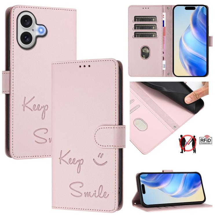 Étui de téléphone en cuir avec gaufrage motif sourire et blocage RFID, pour iPhone 17 Pro Max, pour iPhone 17 Pro, pour iPhone 17, pour iPhone Air, pour iPhone SE 2024, pour iPhone 16 Pro Max, pour iPhone 16 Pro, pour iPhone 16 Plus
