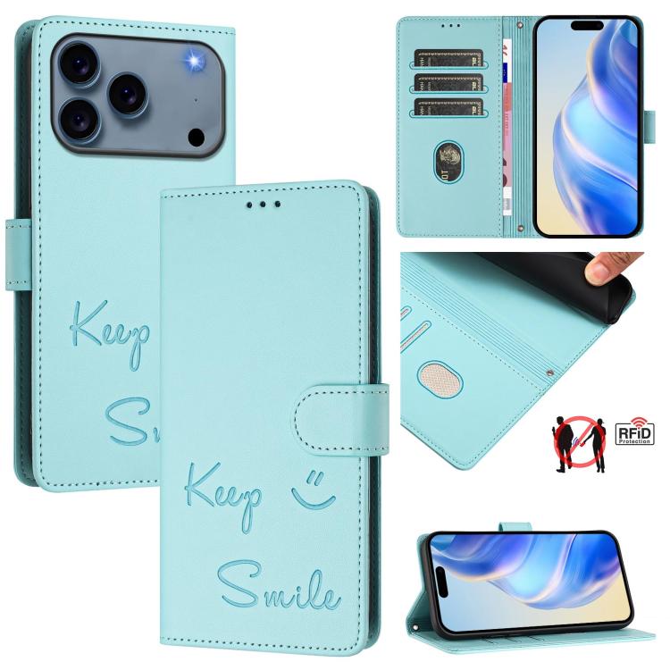 Étui de téléphone en cuir avec gaufrage motif sourire et blocage RFID, pour iPhone 17 Pro Max, pour iPhone 17 Pro, pour iPhone 17, pour iPhone Air, pour iPhone SE 2024, pour iPhone 16 Pro Max, pour iPhone 16 Pro, pour iPhone 16 Plus
