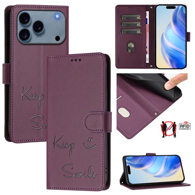 Étui de téléphone en cuir avec gaufrage motif sourire et blocage RFID, pour iPhone 17 Pro Max, pour iPhone 17 Pro, pour iPhone 17, pour iPhone Air, pour iPhone SE 2024, pour iPhone 16 Pro Max, pour iPhone 16 Pro, pour iPhone 16 Plus