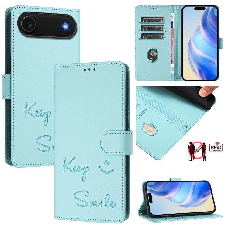 Étui de téléphone en cuir avec gaufrage motif sourire et blocage RFID, pour iPhone 17 Pro Max, pour iPhone 17 Pro, pour iPhone 17, pour iPhone Air, pour iPhone SE 2024, pour iPhone 16 Pro Max, pour iPhone 16 Pro, pour iPhone 16 Plus