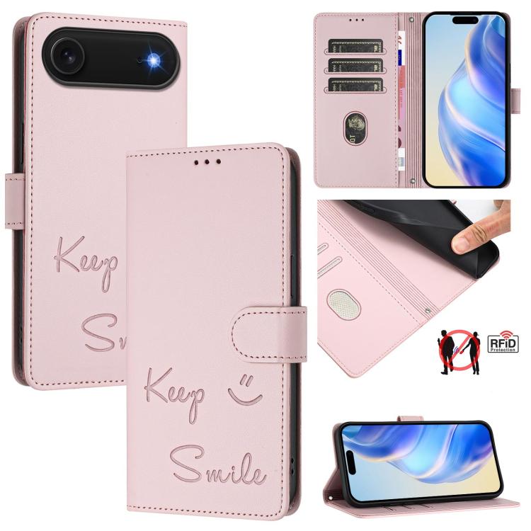 Étui de téléphone en cuir avec gaufrage motif sourire et blocage RFID, pour iPhone 17 Pro Max, pour iPhone 17 Pro, pour iPhone 17, pour iPhone Air, pour iPhone SE 2024, pour iPhone 16 Pro Max, pour iPhone 16 Pro, pour iPhone 16 Plus