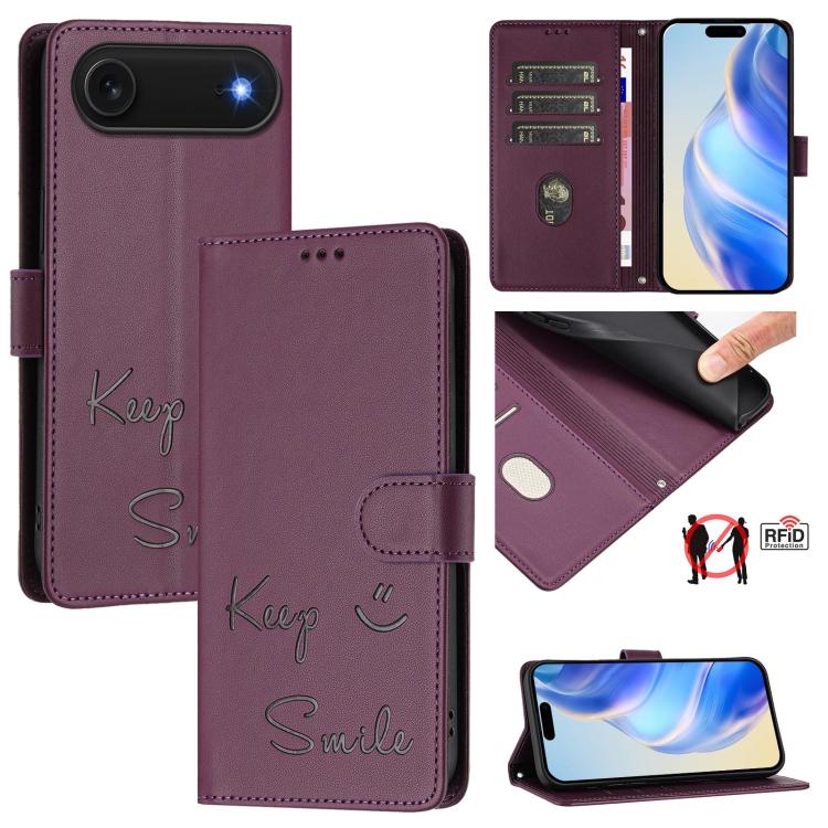 Étui de téléphone en cuir avec gaufrage motif sourire et blocage RFID, pour iPhone 17 Pro Max, pour iPhone 17 Pro, pour iPhone 17, pour iPhone Air, pour iPhone SE 2024, pour iPhone 16 Pro Max, pour iPhone 16 Pro, pour iPhone 16 Plus