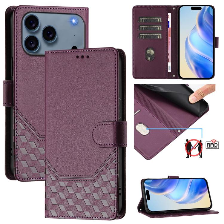 Étui en cuir gaufré nid d'abeille avec protection RFID, pour iPhone 17e / 16e, pour iPhone 17 Pro Max, pour iPhone 17 Pro, pour iPhone 17, pour iPhone Air, pour iPhone 16 Pro Max, pour iPhone 16 Pro, pour iPhone 16 Plus