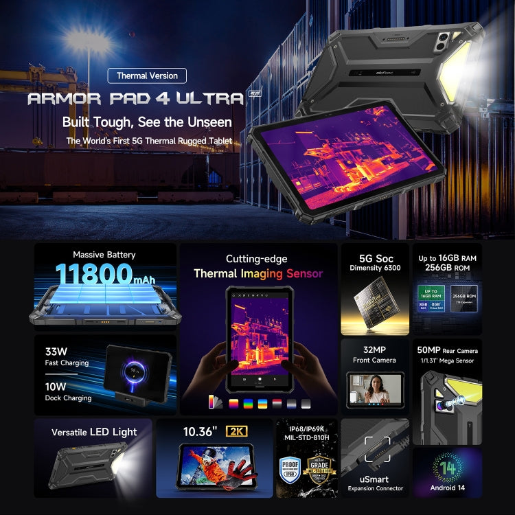 Tablette robuste Ulefone Armor Pad 4 Ultra version thermique, Android 14 10,36 pouces MediaTek Dimensity 6300 Octa Core 5G, prise UE, imagerie thermique Armor Pad 4 Ultra
