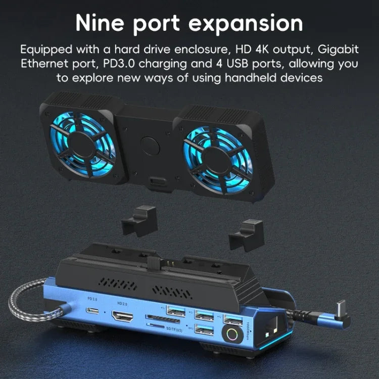Station d'accueil de jeu USB-C 9 en 1 YCE-V279A avec ventilateur détachable, 9 en 1