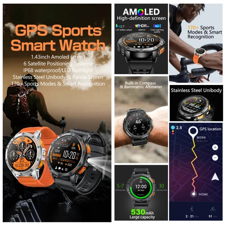Montre connectée GPS sport LEMFO K67 avec écran AMOLED de 1,43 pouce, appels Bluetooth et suivi de la santé