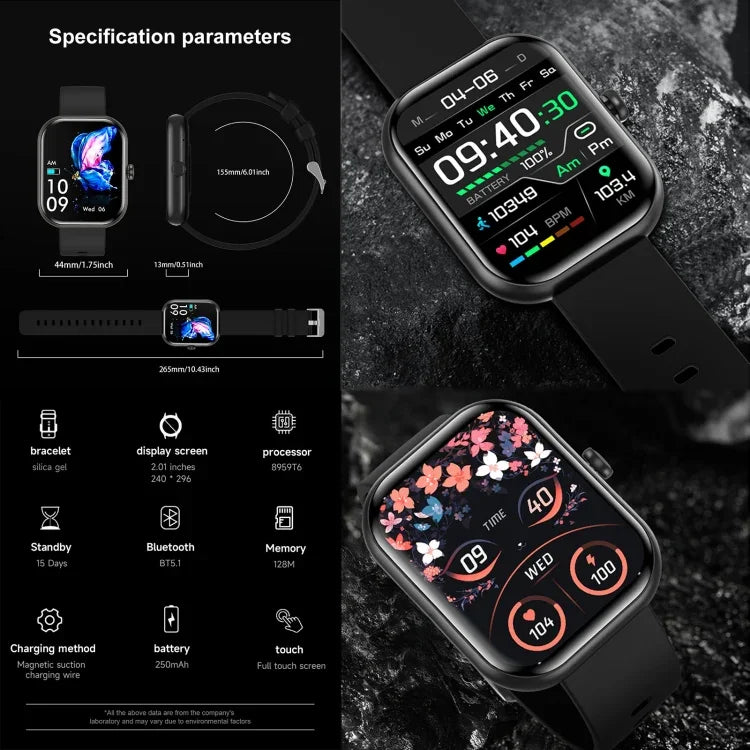 Montre connectée ZW65 de 2,01 pouces pour le fitness : mesure de l’oxygène sanguin, de la pression artérielle et de la fréquence cardiaque.