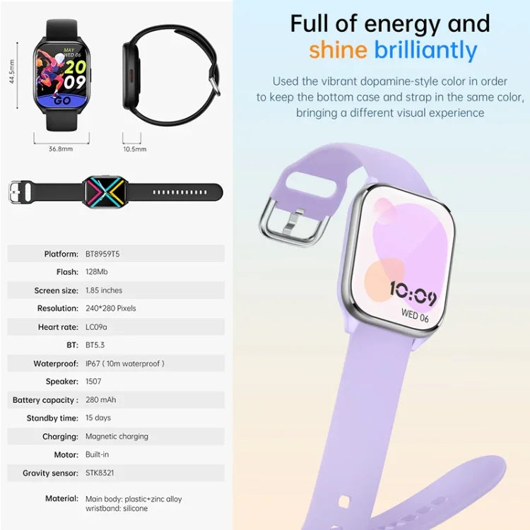 Montre connectée KT73S à écran carré de 1,85 pouce avec appels Bluetooth, suivi de la fréquence cardiaque, de la pression artérielle, de l'oxygène sanguin, de la santé féminine et du sommeil.