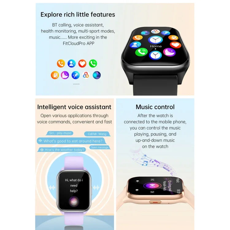 Montre connectée KT73S à écran carré de 1,85 pouce avec appels Bluetooth, suivi de la fréquence cardiaque, de la pression artérielle, de l'oxygène sanguin, de la santé féminine et du sommeil.