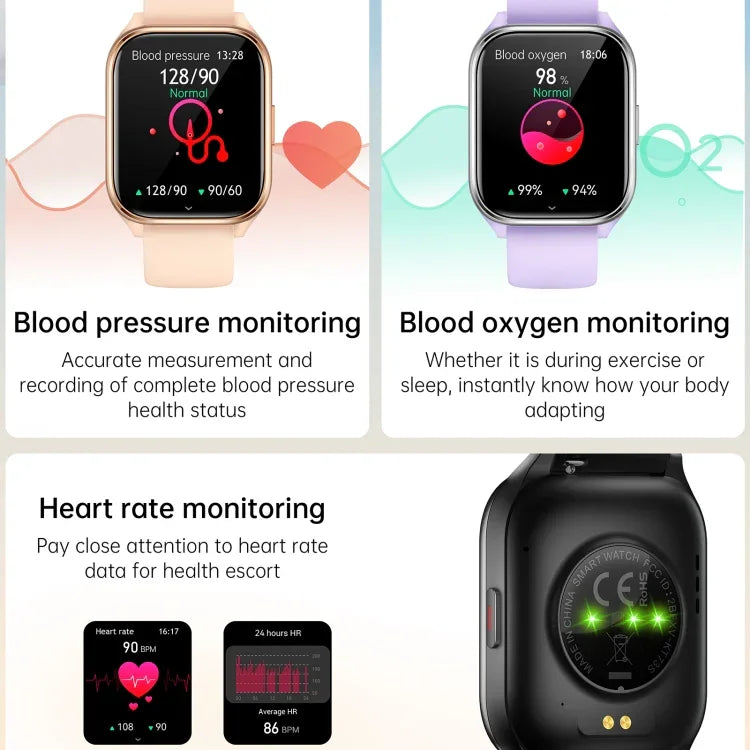 Montre connectée KT73S à écran carré de 1,85 pouce avec appels Bluetooth, suivi de la fréquence cardiaque, de la pression artérielle, de l'oxygène sanguin, de la santé féminine et du sommeil.