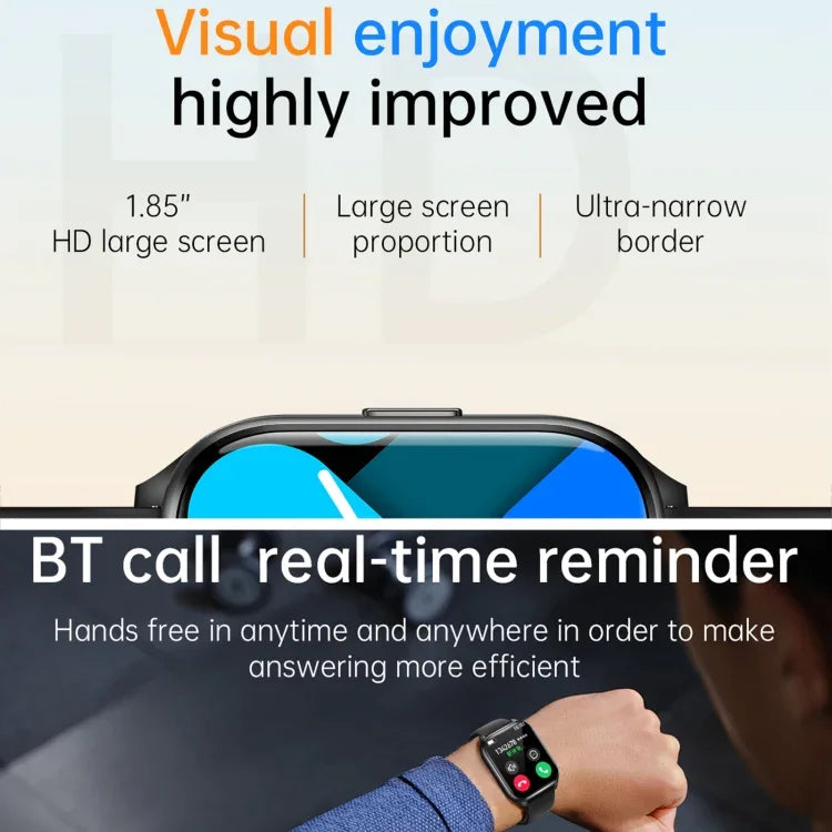 Montre connectée KT73S à écran carré de 1,85 pouce avec appels Bluetooth, suivi de la fréquence cardiaque, de la pression artérielle, de l'oxygène sanguin, de la santé féminine et du sommeil.