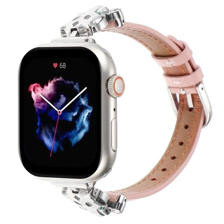 Bracelet de montre en cuir véritable à motif tête de léopard, compatible avec Apple Watch 46 mm / 49 mm / 45 mm / 44 mm et Apple Watch 42 mm / 41 mm / 40 mm / 38 mm.