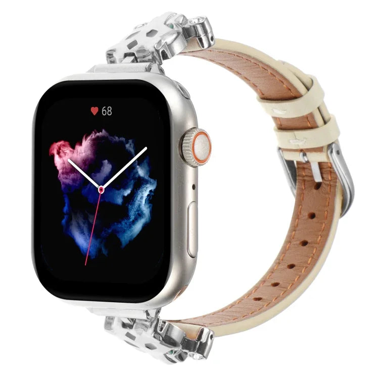 Bracelet de montre en cuir véritable à motif tête de léopard, compatible avec Apple Watch 46 mm / 49 mm / 45 mm / 44 mm et Apple Watch 42 mm / 41 mm / 40 mm / 38 mm.