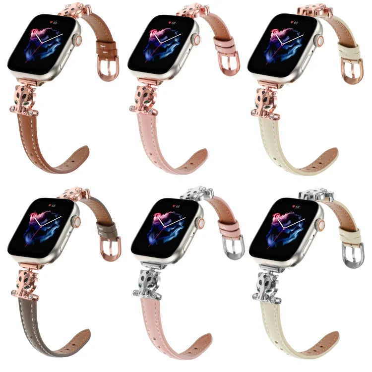 Bracelet de montre en cuir véritable à motif tête de léopard, compatible avec Apple Watch 46 mm / 49 mm / 45 mm / 44 mm et Apple Watch 42 mm / 41 mm / 40 mm / 38 mm.