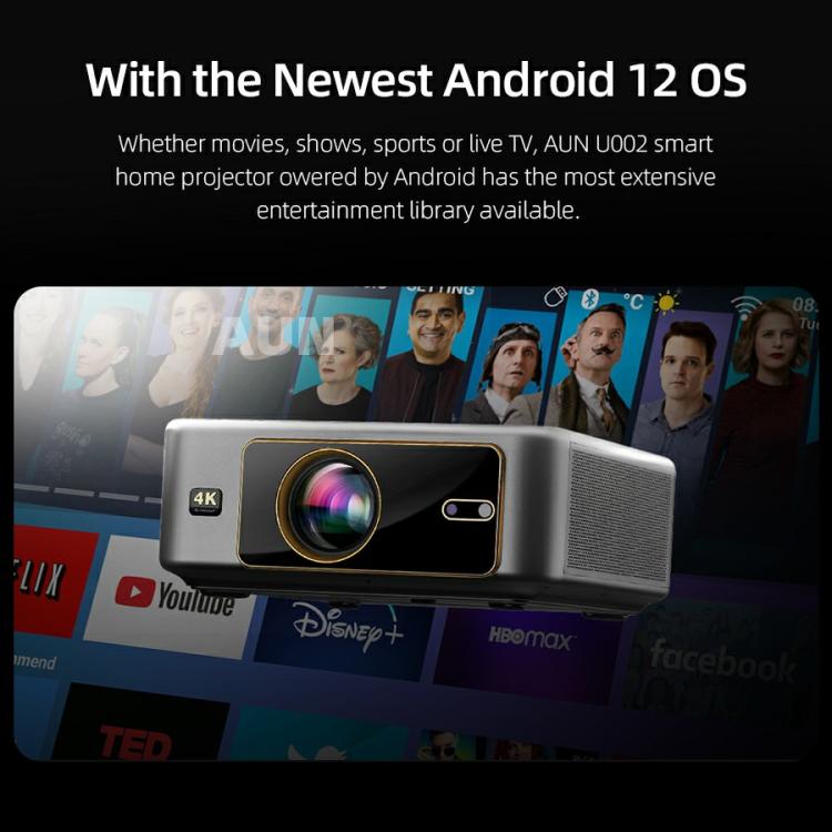 Projecteur intelligent AUN U002 1920x1080P 970ANSI Android 12 Home cinéma, prise US, prise UK, prise AU, prise EU