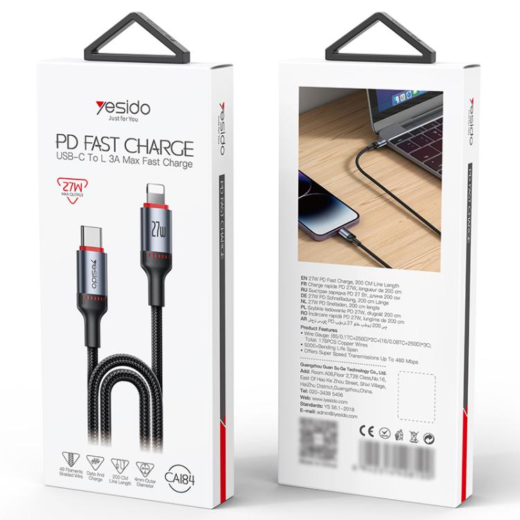 Câble de charge et données Yesido CA184 PD27W 3A USB-C / Type-C vers 8 broches, longueur : 2m, CA184