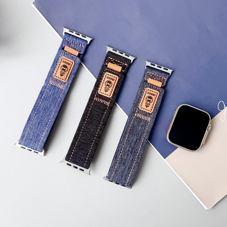 Bracelet de montre en toile de nylon denim avec fermeture auto-agrippante, compatible avec Apple Watch 46 mm / 49 mm / 45 mm / 44 mm et Apple Watch 42 mm / 41 mm / 40 mm / 38 mm.