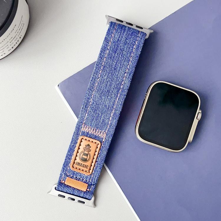 Bracelet de montre en toile de nylon denim avec fermeture auto-agrippante, compatible avec Apple Watch 46 mm / 49 mm / 45 mm / 44 mm et Apple Watch 42 mm / 41 mm / 40 mm / 38 mm.