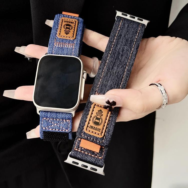 Bracelet de montre en toile de nylon denim avec fermeture auto-agrippante, compatible avec Apple Watch 46 mm / 49 mm / 45 mm / 44 mm et Apple Watch 42 mm / 41 mm / 40 mm / 38 mm.