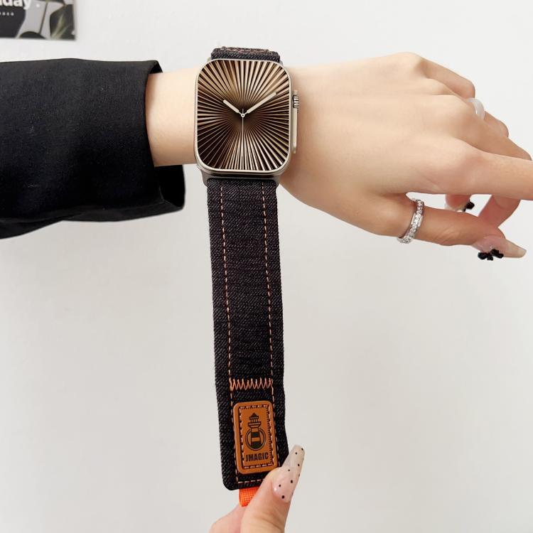 Bracelet de montre en toile de nylon denim avec fermeture auto-agrippante, compatible avec Apple Watch 46 mm / 49 mm / 45 mm / 44 mm et Apple Watch 42 mm / 41 mm / 40 mm / 38 mm.