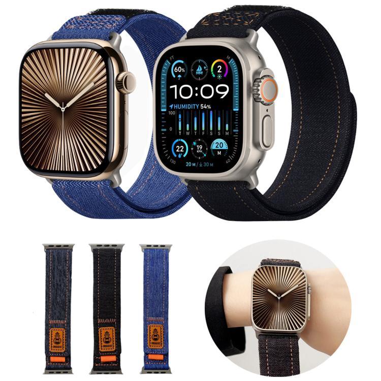 Bracelet de montre en toile de nylon denim avec fermeture auto-agrippante, compatible avec Apple Watch 46 mm / 49 mm / 45 mm / 44 mm et Apple Watch 42 mm / 41 mm / 40 mm / 38 mm.
