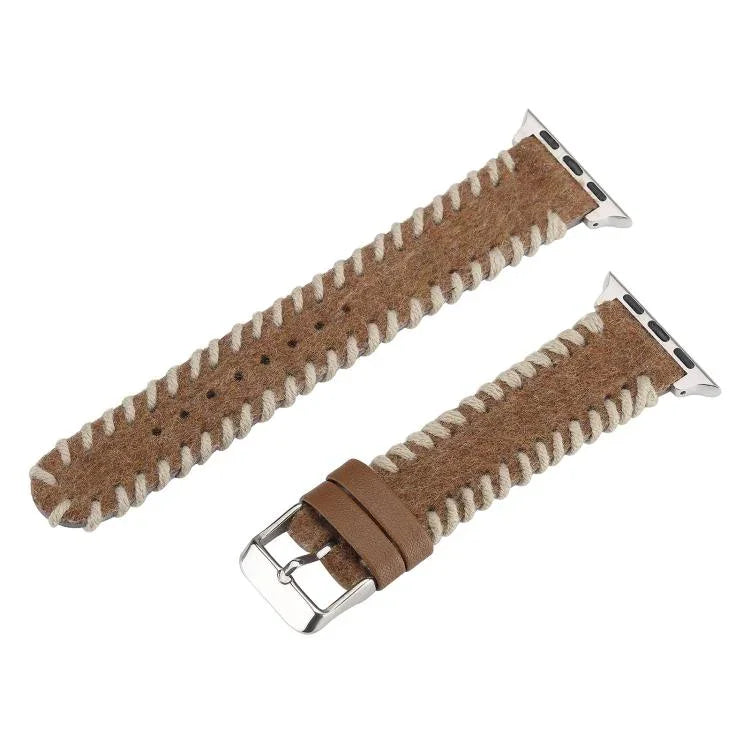 Bracelet de montre rétro en cuir véritable et laine cousue, compatible avec Apple Watch 46 mm / 49 mm / 45 mm / 44 mm et Apple Watch 42 mm / 41 mm / 40 mm / 38 mm.