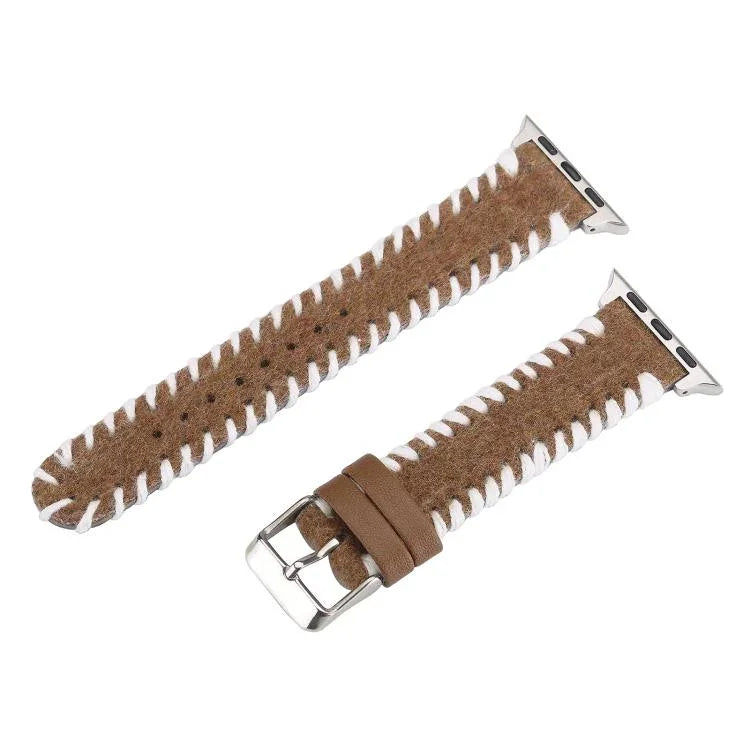 Bracelet de montre rétro en cuir véritable et laine cousue, compatible avec Apple Watch 46 mm / 49 mm / 45 mm / 44 mm et Apple Watch 42 mm / 41 mm / 40 mm / 38 mm.