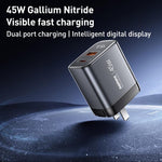 Chargeur rapide à affichage numérique REMAX U2-AC 45W USB et Type-C GaN, prise EU, prise UK