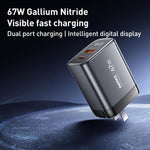 Chargeur rapide à affichage numérique REMAX U2-AC 67W USB et Type-C GaN, prise EU, prise UK