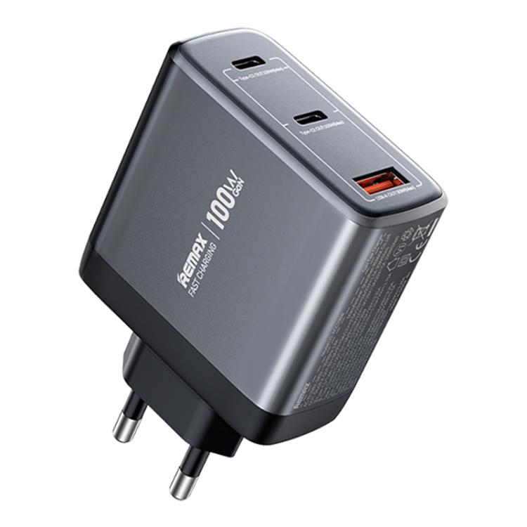 Chargeur rapide à affichage numérique REMAX U2-AC 100W USB et double Type-C GaN, prise EU